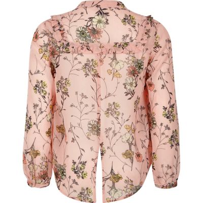 Girls pink floral ruffle blouse